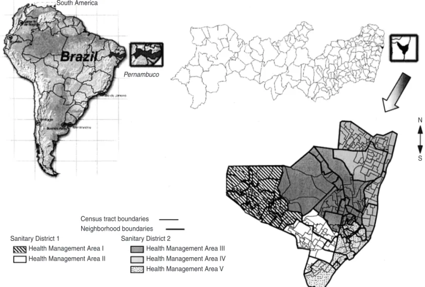 FIGURE 2. Map of Olinda, Pernambuco, Brazil, with census tracts, neighborhood boundaries, sanitary districts, and health management areas