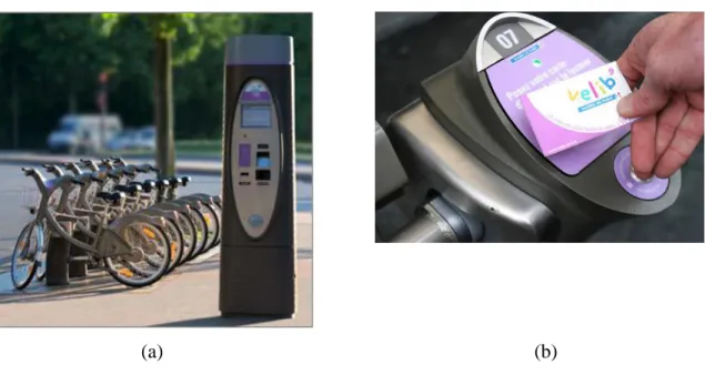 Figura 5 - Sistema de aluguer Velib: (a) Estação Velib; (b) Sistema de retirar a bicicleta para  utilizadores que subscreveram por 1 ano