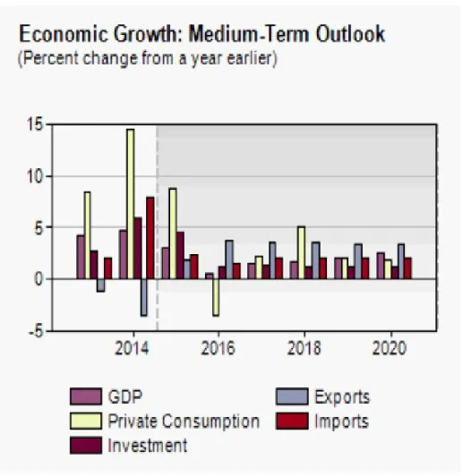 Gráfico 1 - Taxas de Crescimento do Produto Nacional Bruto (GDP), do Consumo Privado, Investimento,  Exportações e Importações face ao ano anterior