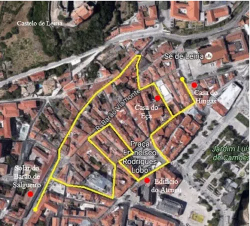 Figura 9 – Percurso &#34;Leiria: Ruas e Ruelas&#34; e identificação dos edifícios relativos ao Eça de Queirós