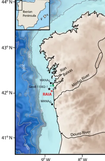 Figure 1. Map of the NW Iberian Peninsula continental margin showing the position of the mooring line (RAIA) site