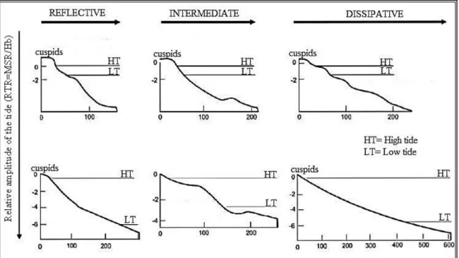 Figure  1.1  -  Classification  of  beach  morphodynamic  states,  defined  by  the  parameters  of  Dean Ω (Wright &amp; Short, 1984) and RTR (Masselink &amp; Short, 1993) (Adapted from Souza,  2012) 