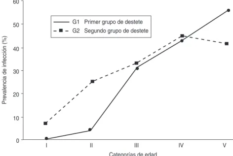 FIGURA 5. Comparación de las prevalencias de infección por Trypanosoma cruzi entre los grupos de destete G1 y G2 de la zarigüeya Didelphis albiventris según la edad
