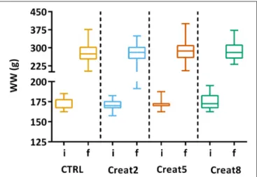 FIGURE 1 | Box plots of the fish weight distributions. Plot showing the distributions of wet weight (WW) of fish for each treatment (n = 72) at the start of the trial (i-initial) and after 69 days (f-final)