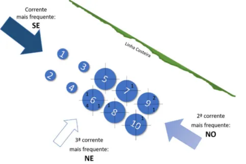 Figura  2.7.  Esquema  das  principais  direções  de  correntes  no  local  da  piscicultura  e  das  localizações (jaula e quadrante) dos plásticos filmados 