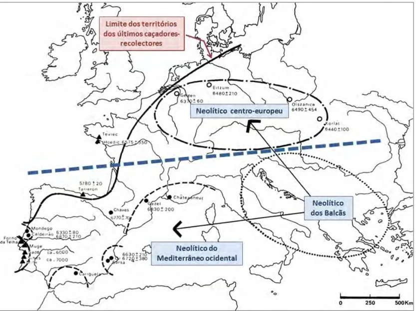 FIGURA 3   Principais entidades neolíticas na Europa do VI milénio a.C. A linha tracejada  delimita, de forma aproximada, diferenças essenciais entre as estratégias económicas  das sociedades neolíticas mediterrâneas e centro-europeias (base cartográfica r