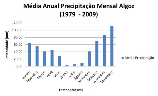 Figura 42 – Gráfico da média da precipitação anual de Portugal Continental (1979  – 2009) 0,0020,0040,0060,0080,00100,00120,00Intensidade (mm)Tempo (Meses)