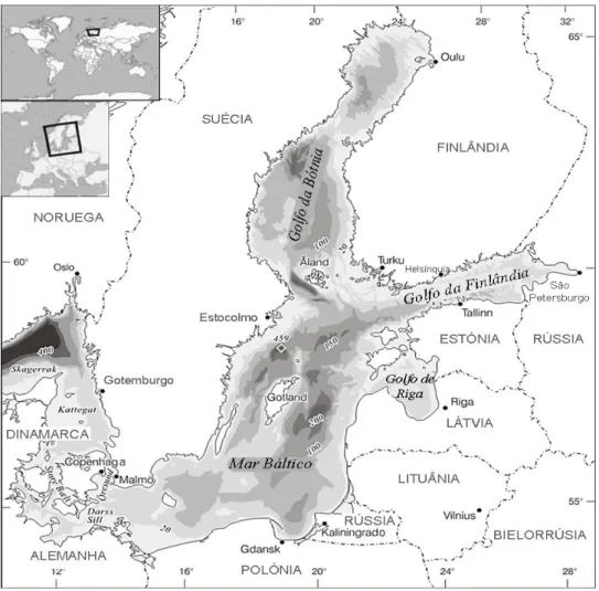 Figura 1 – Localização geográfica do Mar Báltico, países contíguos e ainda as subáreas do Mar Báltico  (adaptado de Tikkanen &amp; Oksanen, 2002)