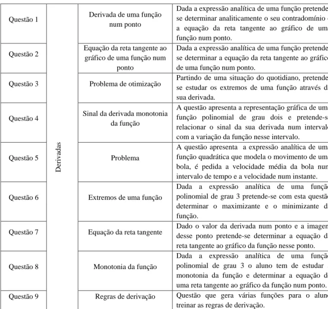 Tabela 1: Descrição sucinta das Questões    