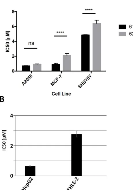 Fig 5. LOM612 compromises the viability of human cancer cell lines. (A) Breast cancer cell line MCF7, melanoma cell line A2058 and the neuroblastoma cell line SH-SY5 were seeded at a concentration of 1× 10 4 cells/well in 200 μl and treated with compounds 