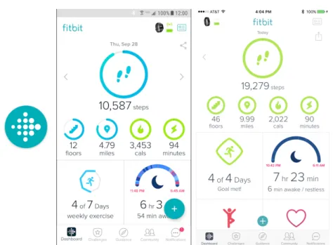 Figure 4.4: Fitbit application (screenshots from Android and iOS).