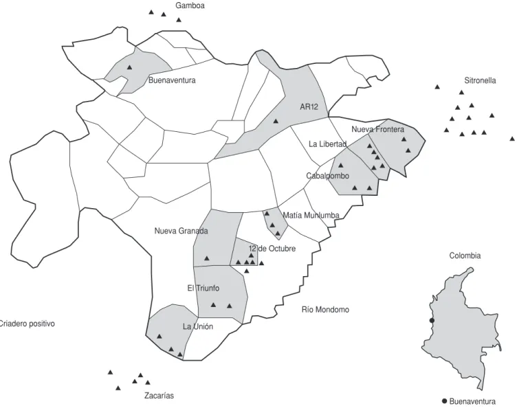 FIGURA 1. Distribución de criaderos positivos a Anopheles en el área urbana y en el área rural cercana de Buenaventura, Colombia, de 1993 a 1994