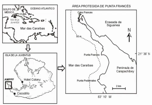 Figura  1  –  Mapa  da  área  de  estudo  e  sua  localização  geográfica.  Fonte:  CIM  (centro  de  investigações  marinhas da Universidade de Havana)