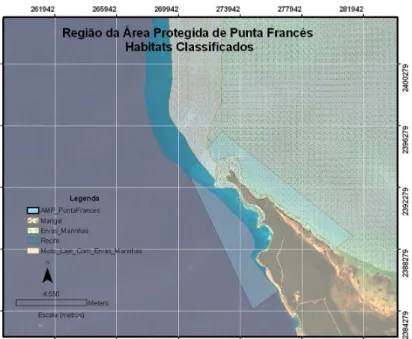Figura 7 – Área Marinha de Punta Francés e localização aproximada dos habitats identificados