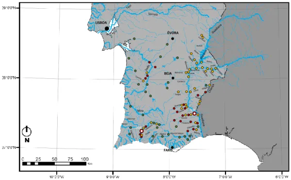 Figure 1. River drainages in southern Portugal showing the locations surveyed in the present study with presence (red) or absence (green) of Australoheros facetus