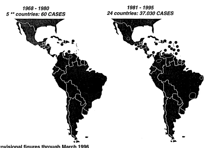 Figure  4.  DENGUE  HEMORRHAGIC  FEVER  IN THE  AMERICAS  1995* 1968-  1980 5 **  countries: 60 CASES 0411hp `5 1981 - 1995 24 countries:  37.030 CASESP, V;m* et go  * r~-
