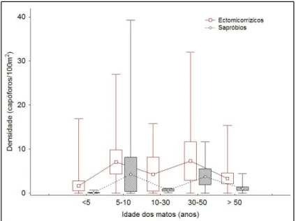 Figura 8: Estimativas da densidade de carpóforos de fungos ectomicorrízicos e sapróbios nas 48  parcelas de amostragem, no Inverno de 2005/2006