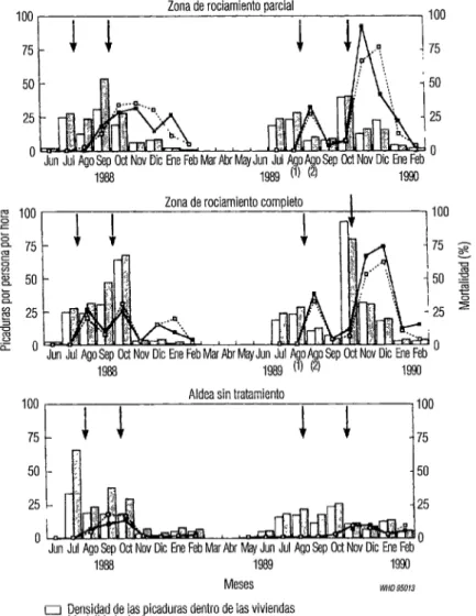 FIGURA  2.  Densidad de las picaduras y mortalidad de mosquitos  Anophe/es albimanus  dentro y fuera de las  viviendas en el perfodo de 1988 a 1990, después de cuatro aplicaciones completas y parciales de bendiocarb  (indicadas por las flechas)