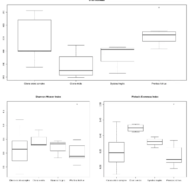 Figure  3.6  -Boxplots  depicting  OTU  richness,  Shannon-Wiener  diversity  and  Pielou’s  evenness indices averaged across all samples