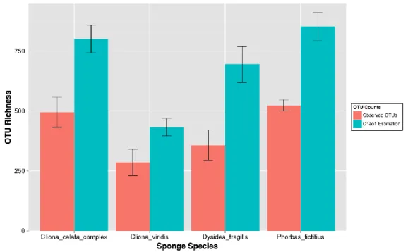 Figure  3.9  -  Averaged  observed  and  Chao1  estimated  number  of  OTUs  across  all  sponge species