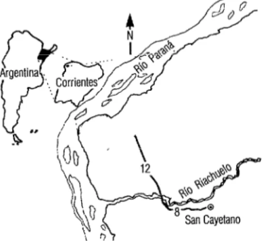 FIGURA 1. Mapa de la provincia de Corrientes,  Argentina, y de la zona dctnde se efeetuá el estudio 