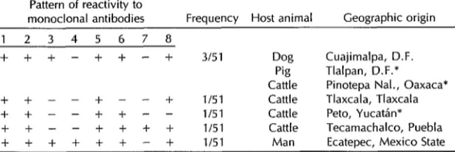 Table  3.  Unusual  antigenic  reactivity  patterns  detected  in  the  study  strains,  by  geographic  and  animal  origin  of  the  samples