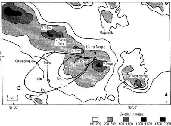 Figure  1.  A  map  showing  levels  of  ashfall  from  the  9  April  1992  eruption  of  the  Cerro  Negro  volcano,  the  altitude  of  surrounding  territory,  and  the  locations  of  the  principal  capital,  Lebn;  the  two  study  communities,  Mal