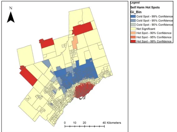 Figure 7. Location of hot spots and cold spots for self-harm. 