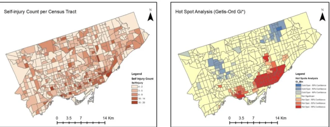 Figure 9 represents the count per census tract (left) and the integrated hot and cold spots for self- self-injury