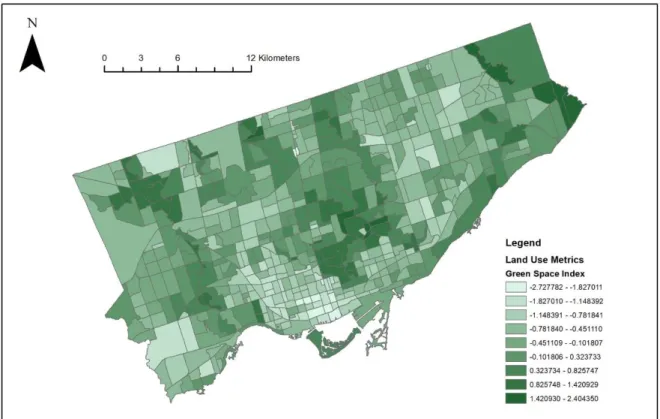 Figure 5. Green space index in Toronto between 2000 and 2010. 