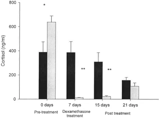 Figure 6- Dexamethasone suppression test. Black bars- control fish (n=l0); Grey bars- fish treated with dexamethasone (n=10)
