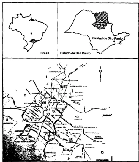 FIGURA  1. Mapa de la ciudad de Ribeirtlo Preto que muestra la ubicación de las 15  zonas y de los sectores noreste (NE), noroeste (NO), sudeste (SE) y sudoeste (SO)