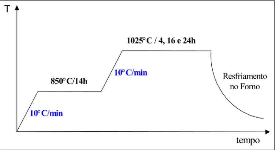 Figura 3.4   Ciclo de tratamento térmico para teste de corrosão de cadinhos  de SnO 2  perante à agressividade do fluxo rico em BaO-CuO