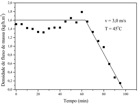 Figura 4.9 - Densidade de fluxo de massa em função do tempo (3,0 m/s e 45°C). 