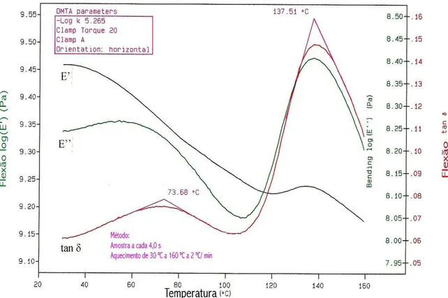 Figura 4.13 Curvas térmicas da técnica de DMTA para a garrafa/PEN. 