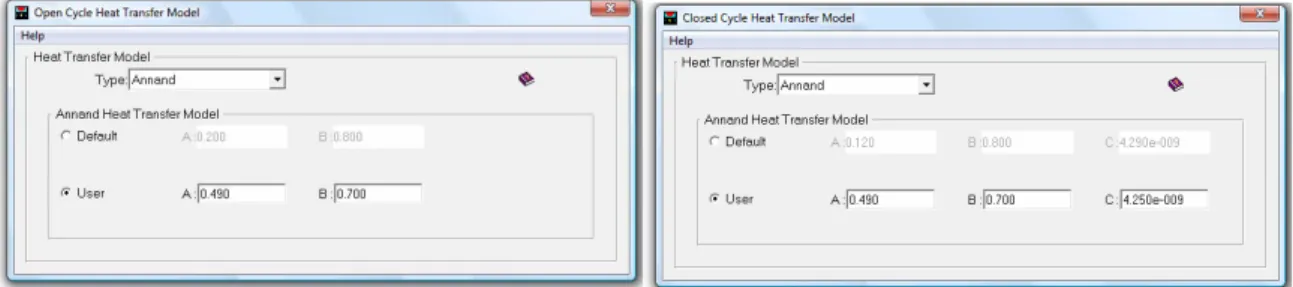 Figura 3.16 – Menu de caracterização do modelo de transferência de calor. Em cima “Open”, em baixo “Close” (27) 