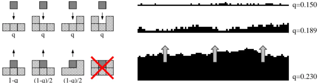 Figura 2.1: Modelo de crescimento de superf´ıcies RSOS. ` A esquerda vemos os processos e taxas que definem o modelo; repare que n˜ao h´a dessorc¸˜ao de monomeros a partir de terrac¸os completos