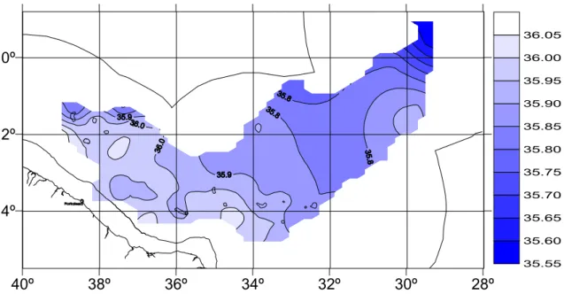 FIGURA 27 – Variação da salinidade, na camada superficial, para o verão  de 1997 – Operação Nordeste II