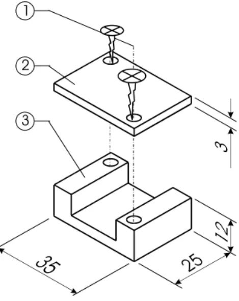 Figura 1- Representação de uma Canaleta de Acoplamento com suas dimensões  em milímetros: 1- parafusos; 2 - tampa; 3 - base
