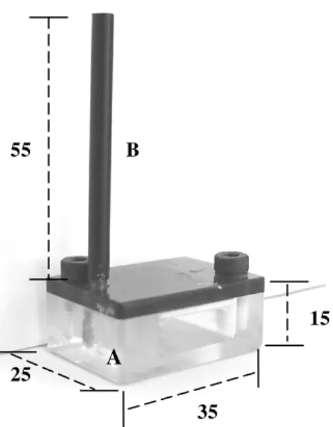 Figura 9 – Canaleta de acoplamento (CA) com marcador perpendicular (MP),  dimensões em milímetros: A = CA, B = MP