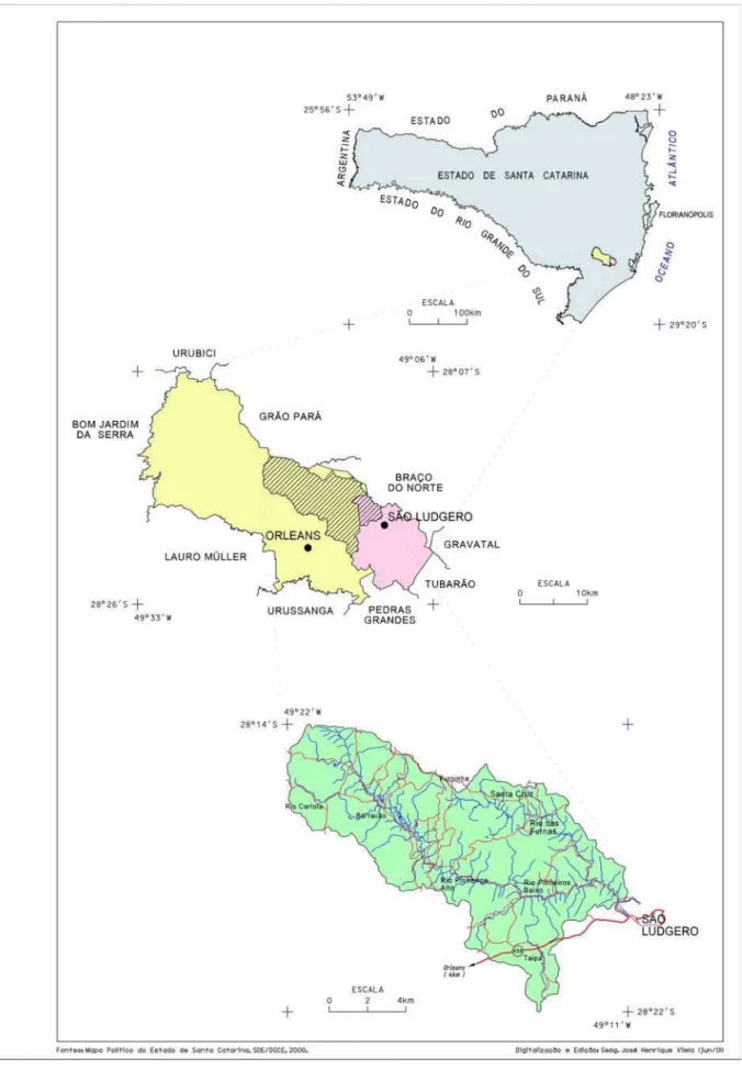 FIGURA 1:  Localização geográfica da bacia hidrográfica do Rio Pinheiros (SC). 