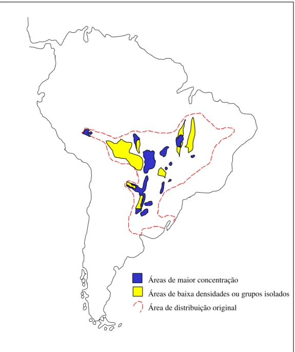 Figura 2: Área de ocorrência original e atual do cervo-do-pantanal (Blastocerus dichotomus) na América do Sul (adaptado de Tomas et al., 1997).