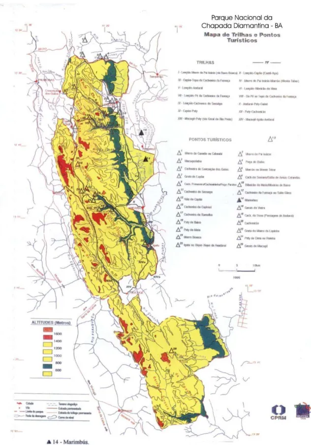 Figura 3 – Representação cartográfica do Parque Nacional da Chapada Diamantina com a área dos Marimbus em evidência.