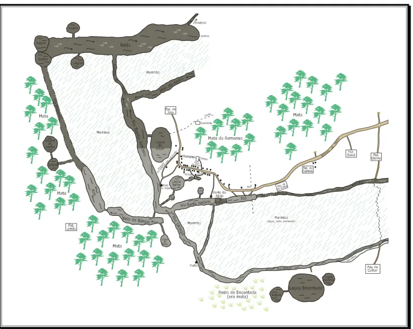 Figura 6 - Mapa mental da área onde está inserido o povoado do Remanso. Rios, lagoas, Marimbús e matas, além das áreas antrópicas são evidenciados.