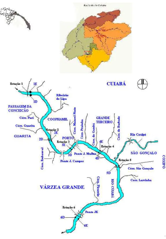 Figura 8 – Localização da Bacia do rio Cuiabá e representação esquemática da        área de estudo e das estações de amostragem