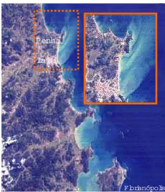 Figura 5 - Foto aérea com destaque da foz do Rio Itajaí-Açú e a pluma  de sedimento alcançando a Enseada da Armação do Itapocoroy (Penha, SC)  (Fonte: Lansat 321)