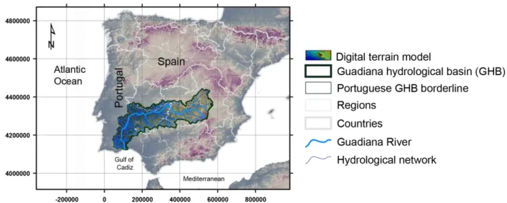 Figure  3.1.  Geographical  context  of  the  Guadiana  River  basin  in  the  Iberian  Peninsula  (Europe)