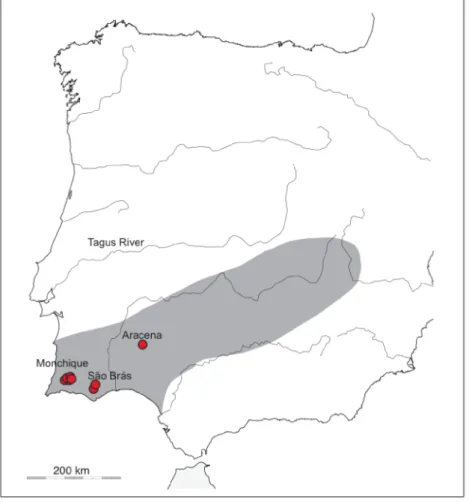 Figure  1.6.  Known  distribution  of  G.  anguiformis  in  the  Iberian  Peninsula,  inferred  from Castillejo (1998)