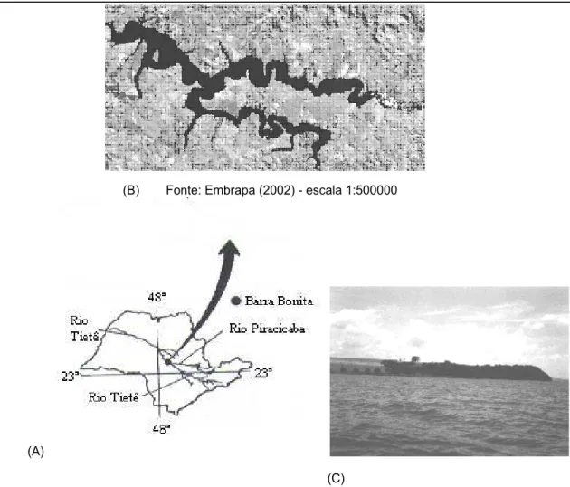 Figura 7 - Reservatório de Barra Bonita. (A) Localização no Estado de São Paulo; (B)  foto de satélite do reservatório de Barra Bonita (EMBRAPA, 2002); (C) foto do ponto  de coleta