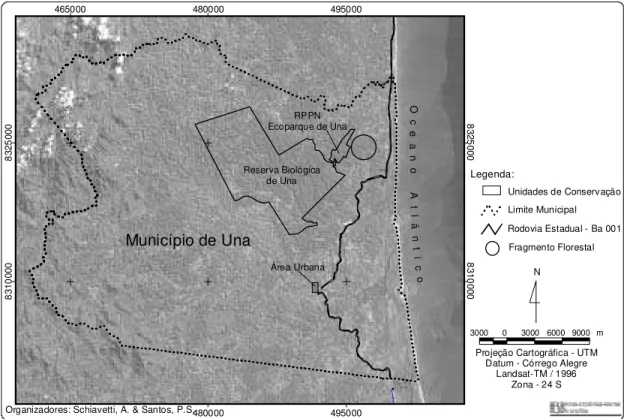 Figura 2. Localização da Reserva Biológica de Una e do Ecoparque de Una no município de Una, Sul da Bahia (Brasil)